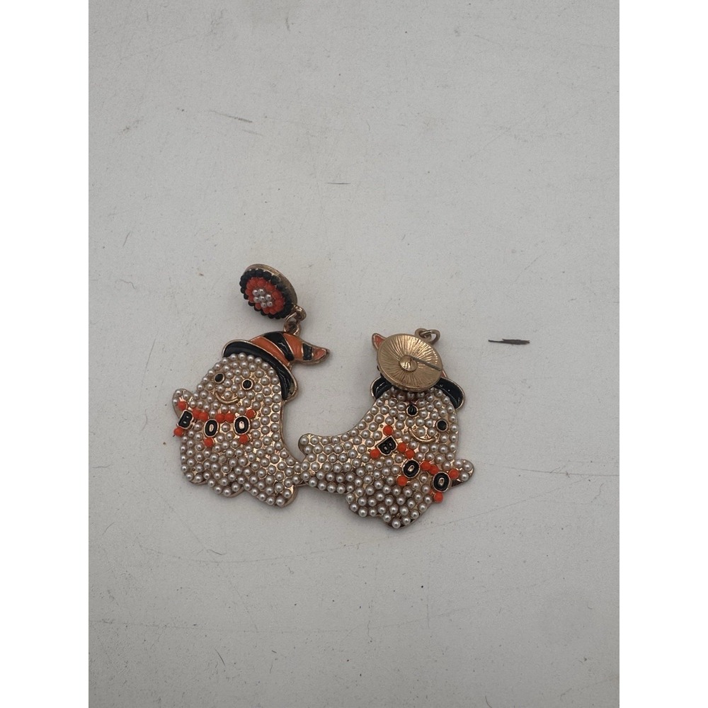 Vintage "BOO" Ghost Halloween Earrings Pearl & Rhinestone Statement Drops Teache
